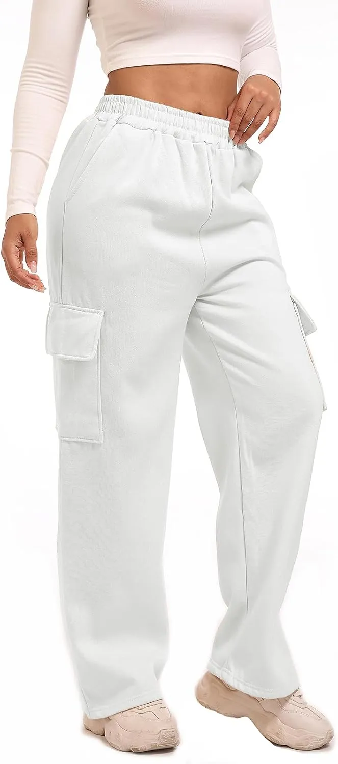 Wide Leg Cargo Sweatpants for Women High Waisted Baggy Fleece Joggers Casual Athletic Sweats Pants with Pockets