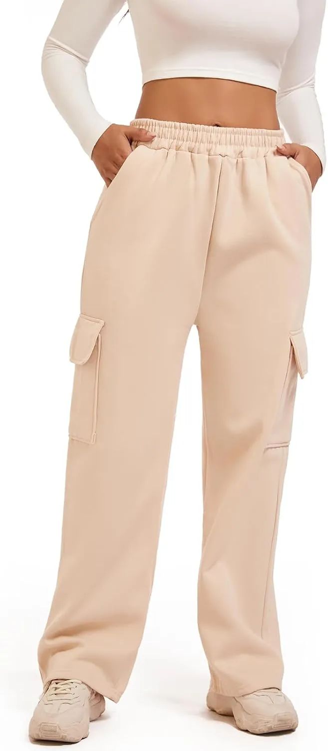 Wide Leg Cargo Sweatpants for Women High Waisted Baggy Fleece Joggers Casual Athletic Sweats Pants with Pockets