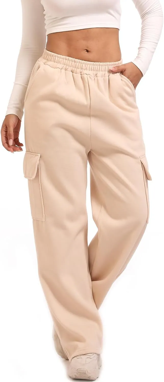 Wide Leg Cargo Sweatpants for Women High Waisted Baggy Fleece Joggers Casual Athletic Sweats Pants with Pockets