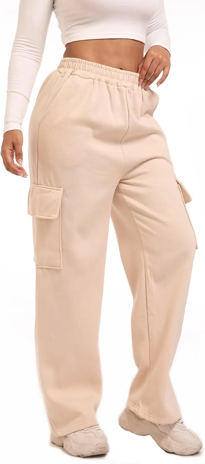 Wide Leg Cargo Sweatpants for Women High Waisted Baggy Fleece Joggers Casual Athletic Sweats Pants with Pockets