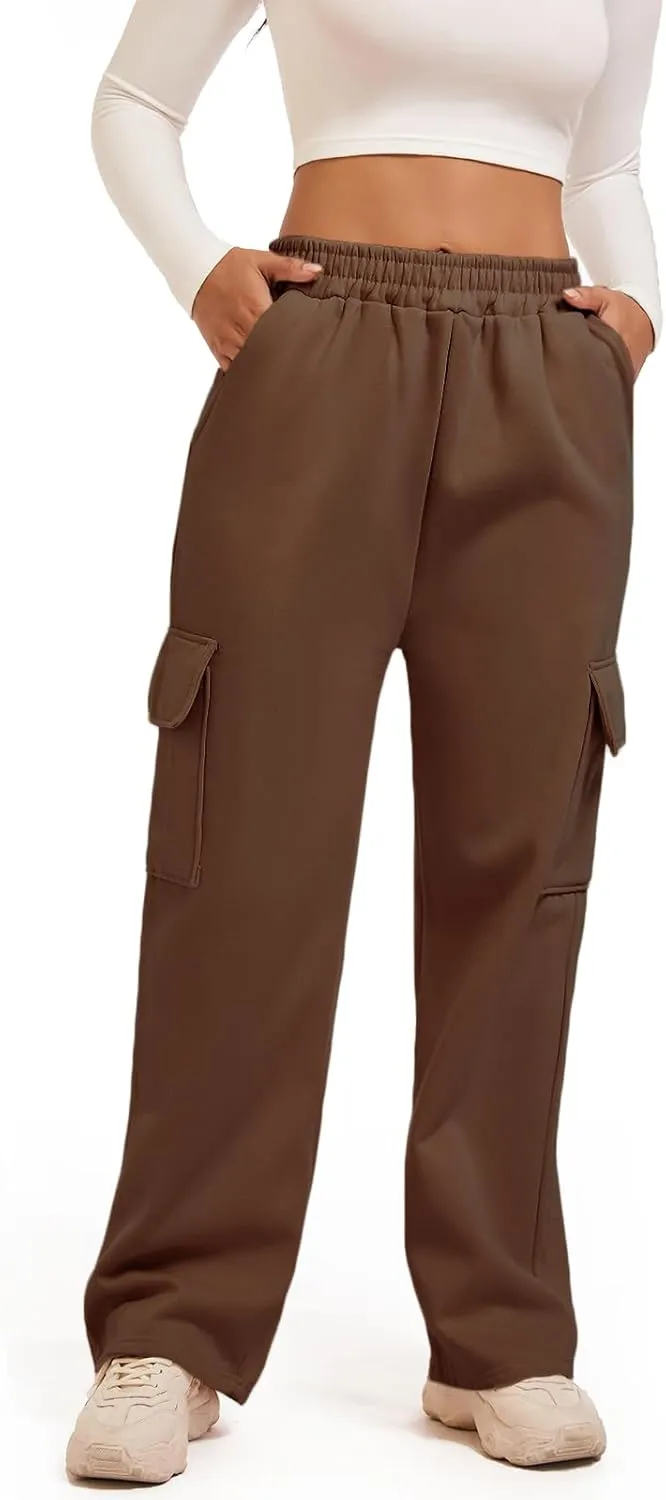 Wide Leg Cargo Sweatpants for Women High Waisted Baggy Fleece Joggers Casual Athletic Sweats Pants with Pockets