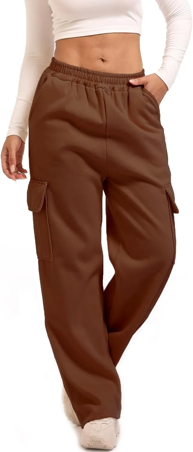 Wide Leg Cargo Sweatpants for Women High Waisted Baggy Fleece Joggers Casual Athletic Sweats Pants with Pockets