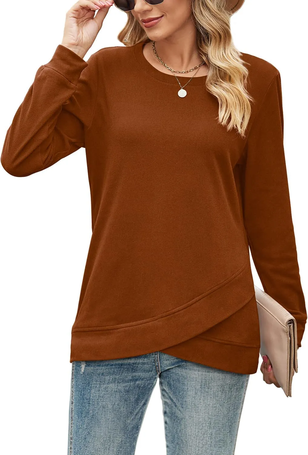 WIHOLL Crewneck Sweatshirts for Women Long Sleeve Shirts Tulip Hem Fall Tops