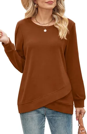 WIHOLL Crewneck Sweatshirts for Women Long Sleeve Shirts Tulip Hem Fall Tops