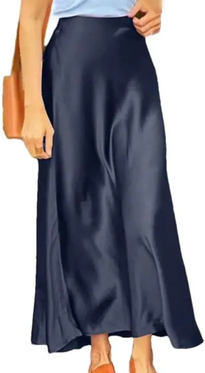 Woman Spring Satin Silk Skirt Work OL Back Zipper Casual Party Solid Sundress