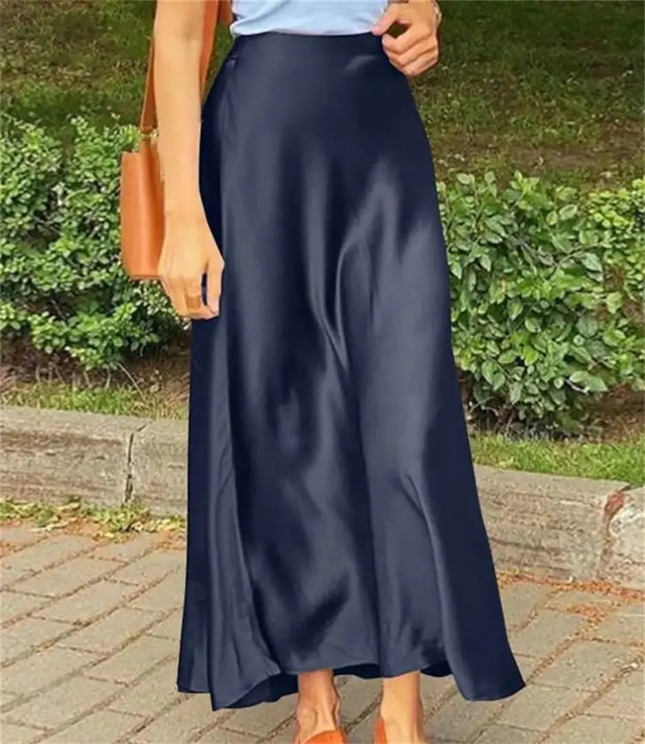 Woman Spring Satin Silk Skirt Work OL Back Zipper Casual Party Solid Sundress
