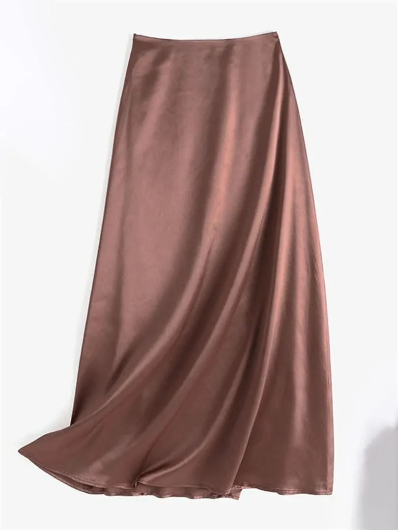 Woman Spring Satin Silk Skirt Work OL Back Zipper Casual Party Solid Sundress