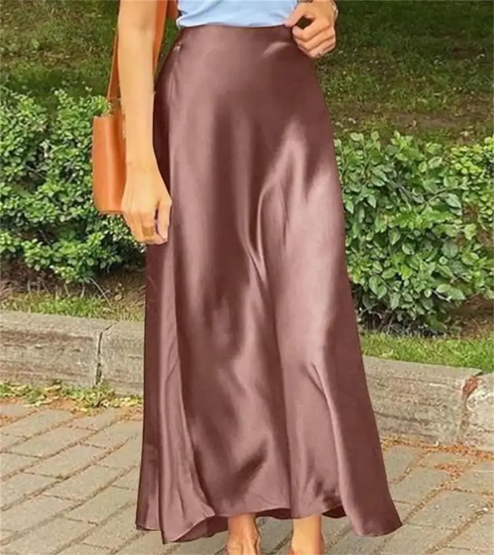 Woman Spring Satin Silk Skirt Work OL Back Zipper Casual Party Solid Sundress