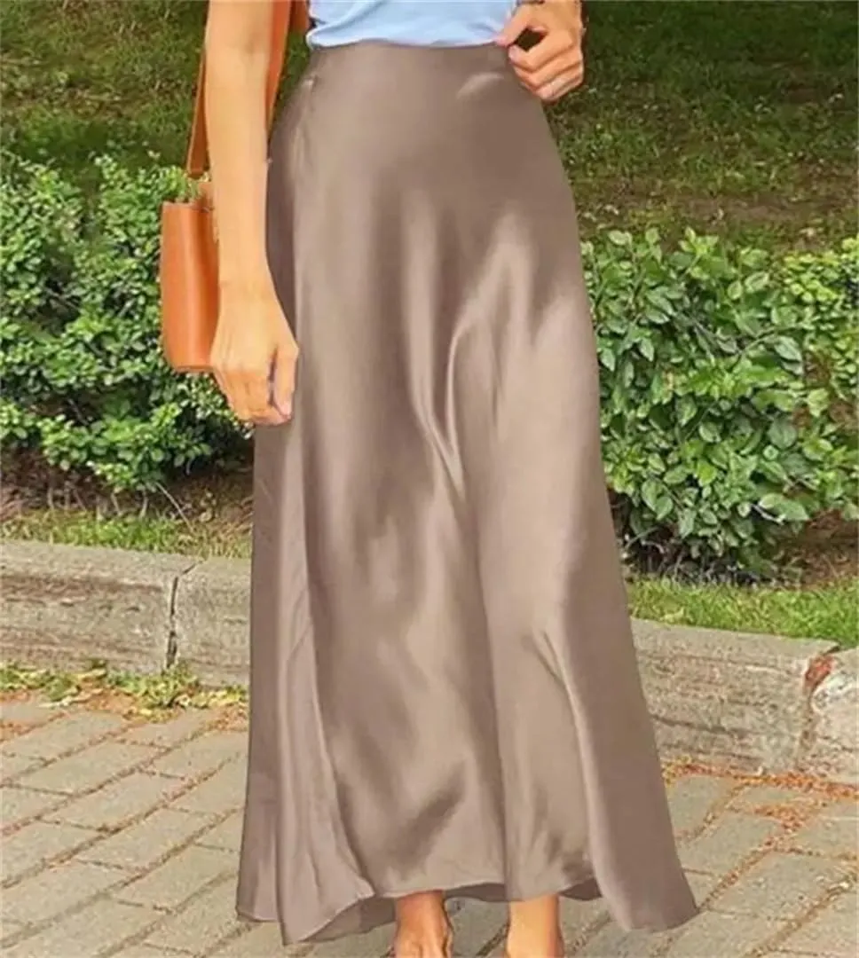 Woman Spring Satin Silk Skirt Work OL Back Zipper Casual Party Solid Sundress
