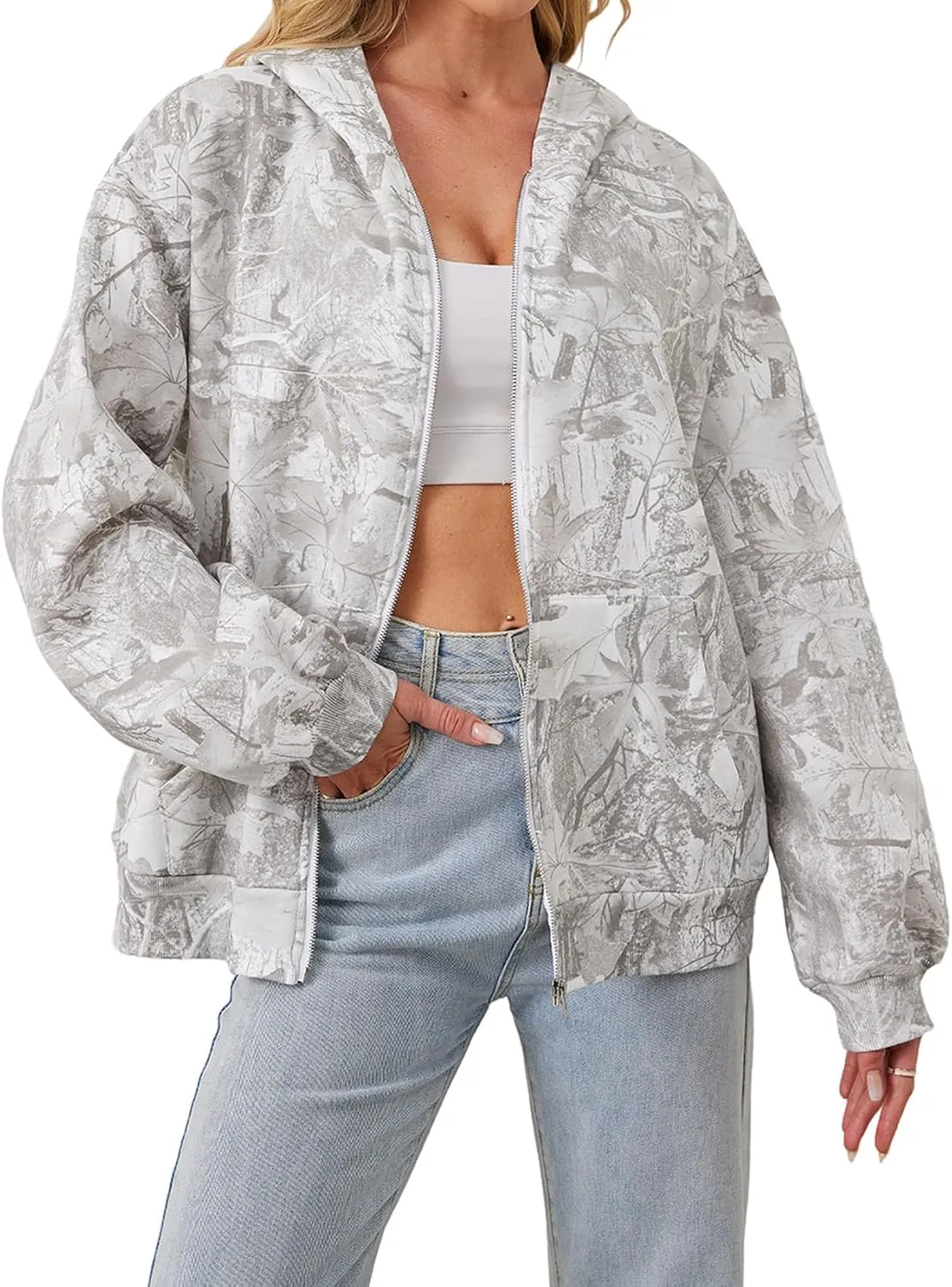 Women Camo Zip Up Oversized Fleece Hoodie Long Sleeve Maple Leaf Print Hooded Jacket Baggy Hoodie with Pockets
