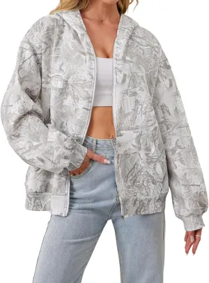 Women Camo Zip Up Oversized Fleece Hoodie Long Sleeve Maple Leaf Print Hooded Jacket Baggy Hoodie with Pockets
