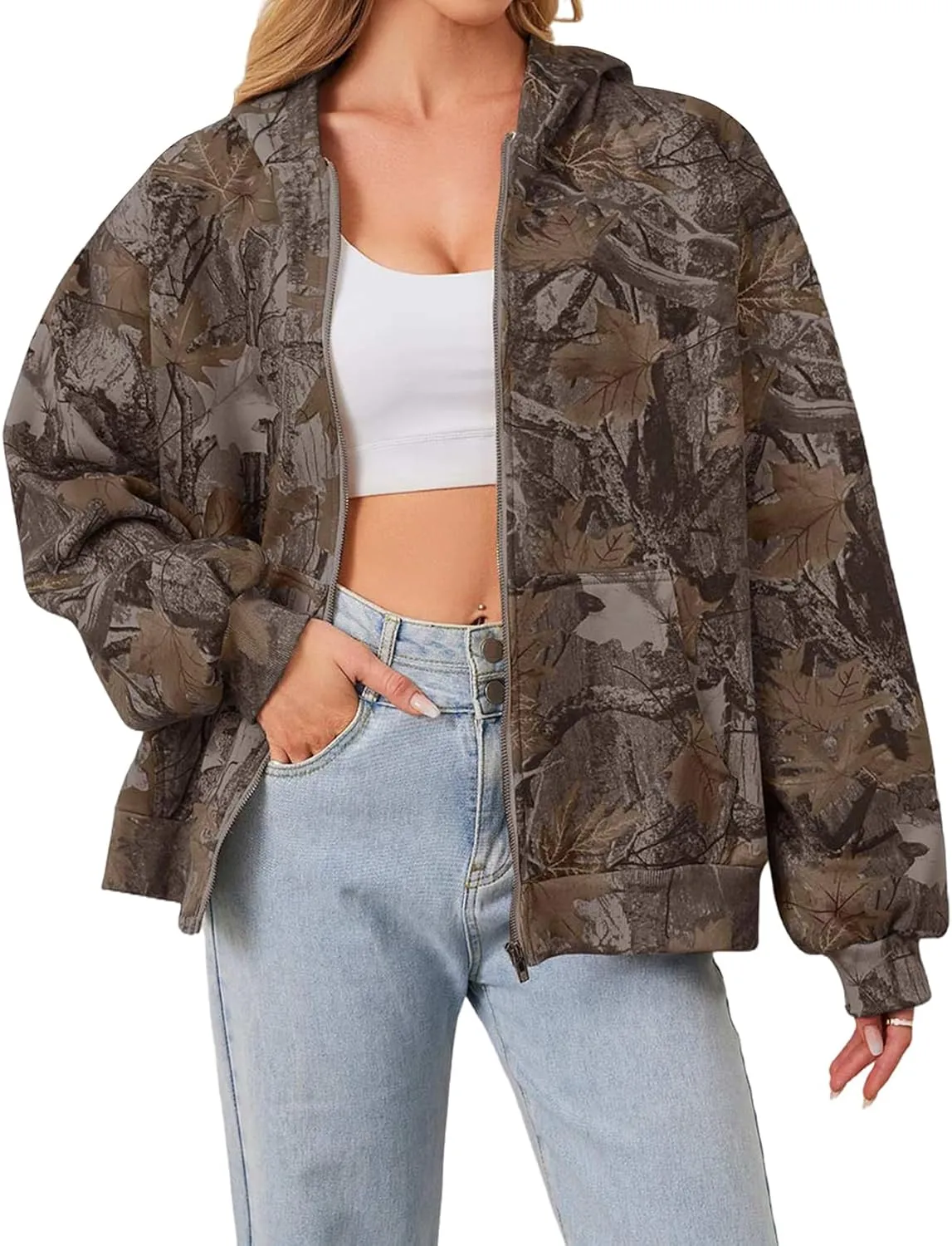 Women Camo Zip Up Oversized Fleece Hoodie Long Sleeve Maple Leaf Print Hooded Jacket Baggy Hoodie with Pockets