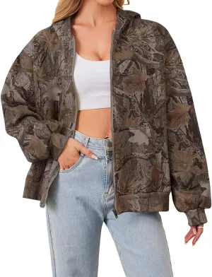 Women Camo Zip Up Oversized Fleece Hoodie Long Sleeve Maple Leaf Print Hooded Jacket Baggy Hoodie with Pockets