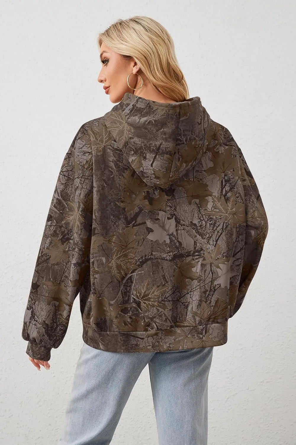 Women Camo Zip Up Oversized Fleece Hoodie Long Sleeve Maple Leaf Print Hooded Jacket Baggy Hoodie with Pockets