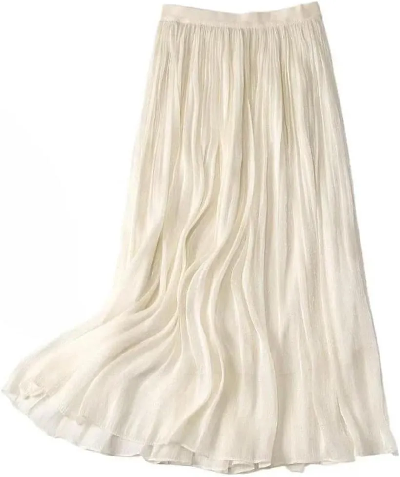 Women Casual Solid Color Pleated Skirt Elastic Waist Harajuku A-Line Maxi Skirts