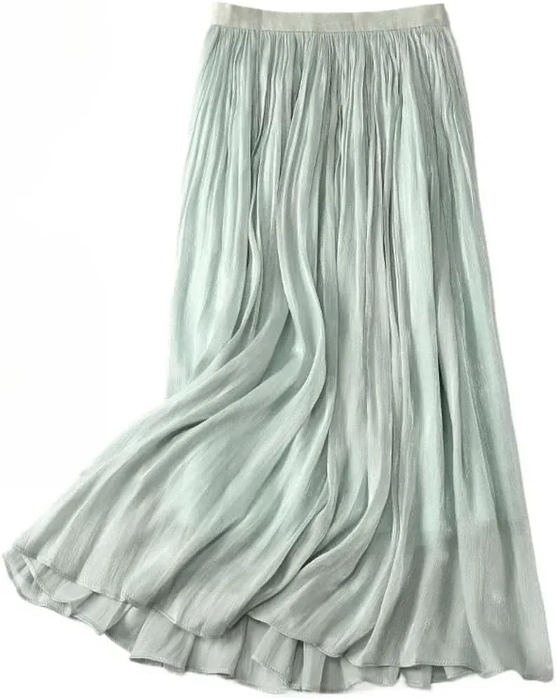 Women Casual Solid Color Pleated Skirt Elastic Waist Harajuku A-Line Maxi Skirts