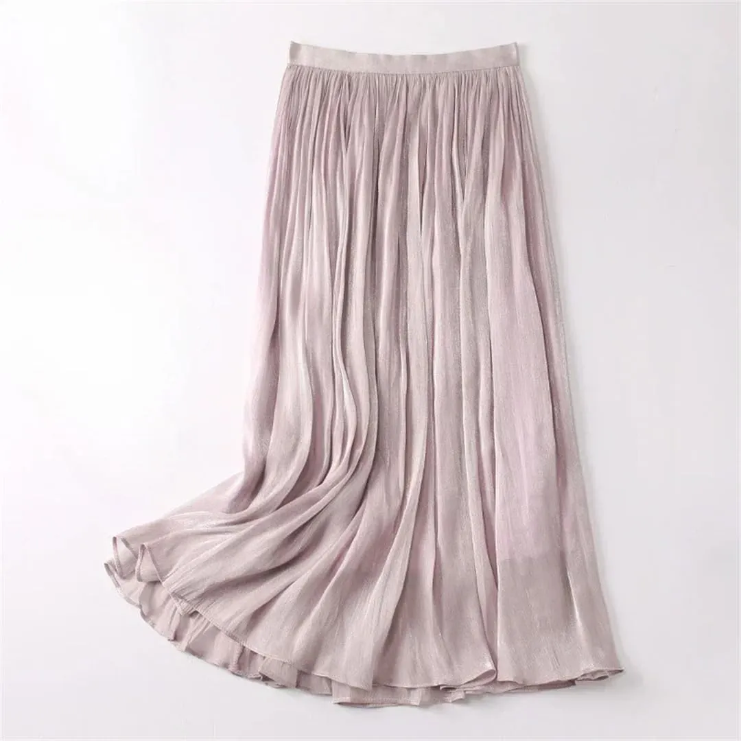 Women Casual Solid Color Pleated Skirt Elastic Waist Harajuku A-Line Maxi Skirts