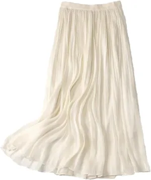 Women Casual Solid Color Pleated Skirt Elastic Waist Harajuku A-Line Maxi Skirts