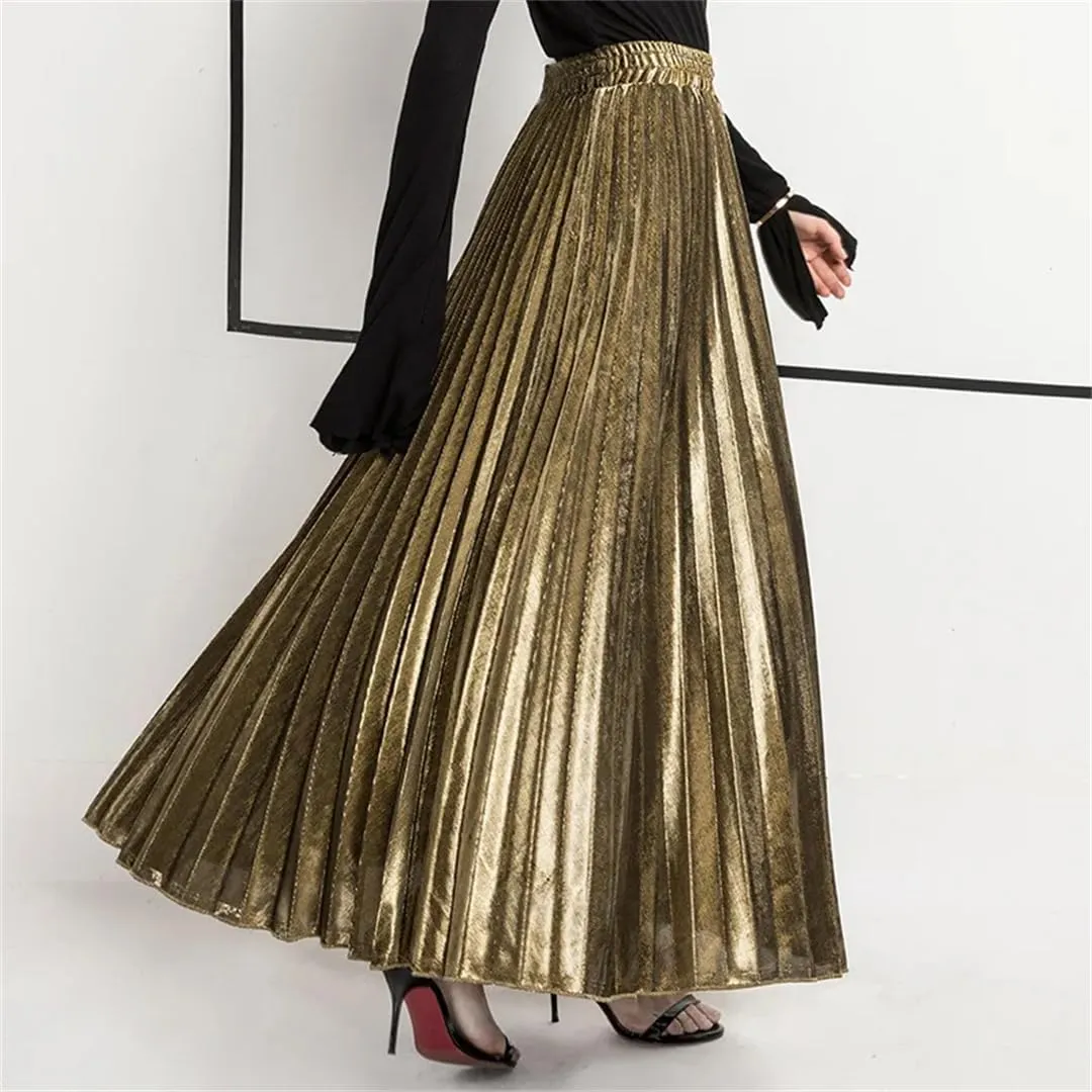 Women Check Pleated Maxi Skirt High Waist Harajuku Slim Fit Large Swing Gold Long Skirts