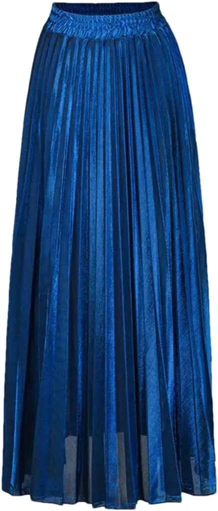 Women Check Pleated Maxi Skirt High Waist Harajuku Slim Fit Large Swing Gold Long Skirts