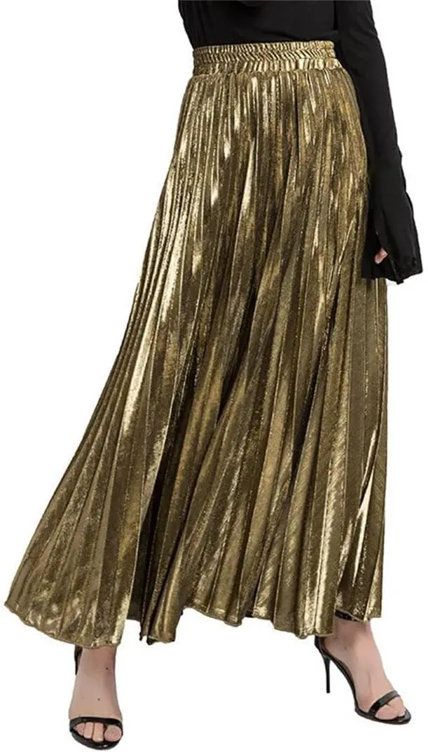Women Check Pleated Maxi Skirt High Waist Harajuku Slim Fit Large Swing Gold Long Skirts