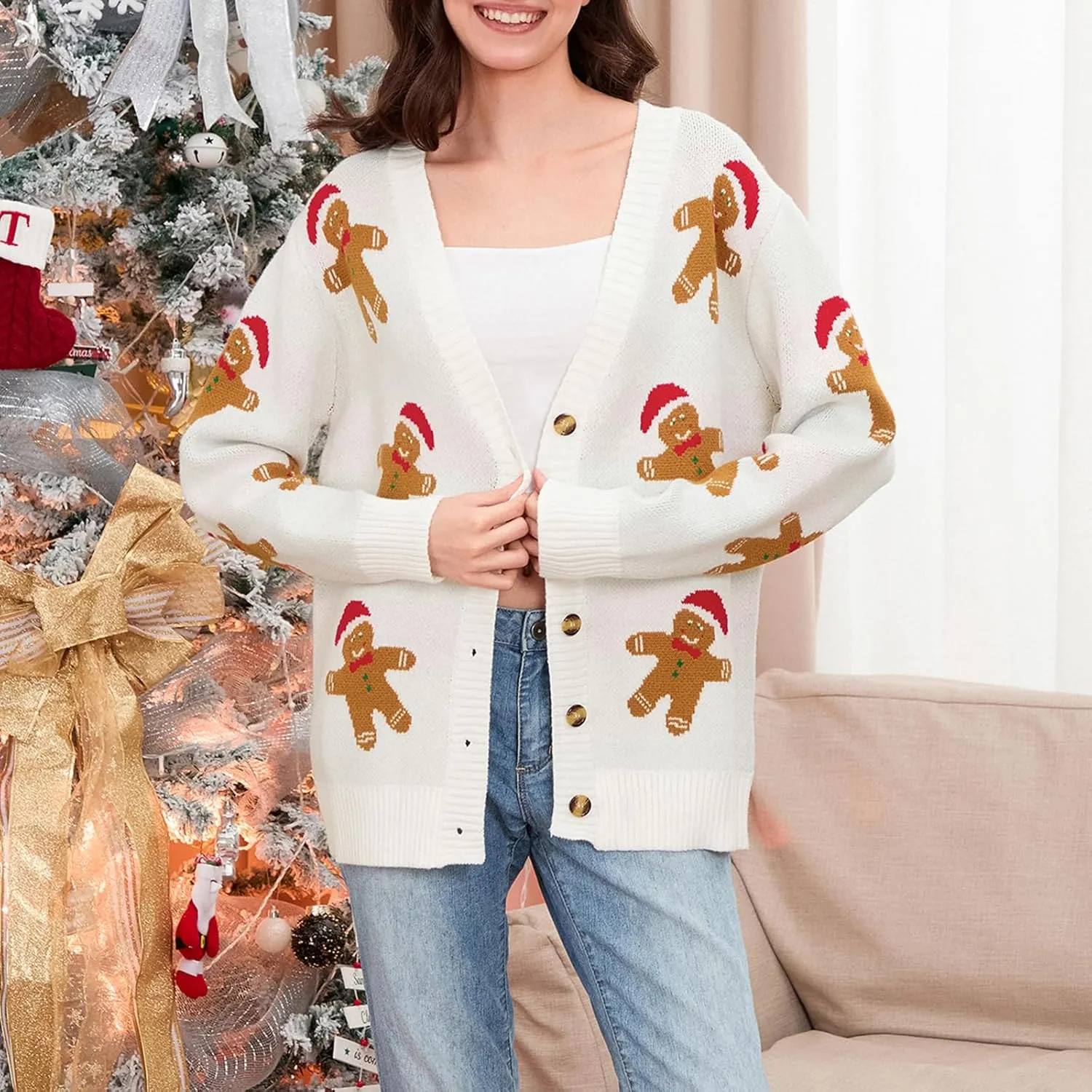 Women Christmas Cardigan Sweater Long Sleeve Button Down Open Front Crop Knit Sweater Coat Christmas Warm Outerwear