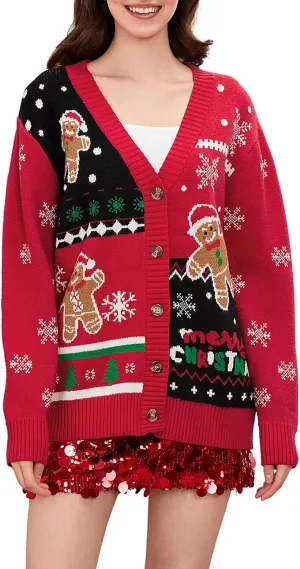 Women Christmas Cardigan Sweater Long Sleeve Button Down Open Front Crop Knit Sweater Coat Christmas Warm Outerwear