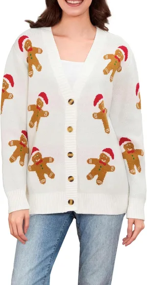 Women Christmas Cardigan Sweater Long Sleeve Button Down Open Front Crop Knit Sweater Coat Christmas Warm Outerwear