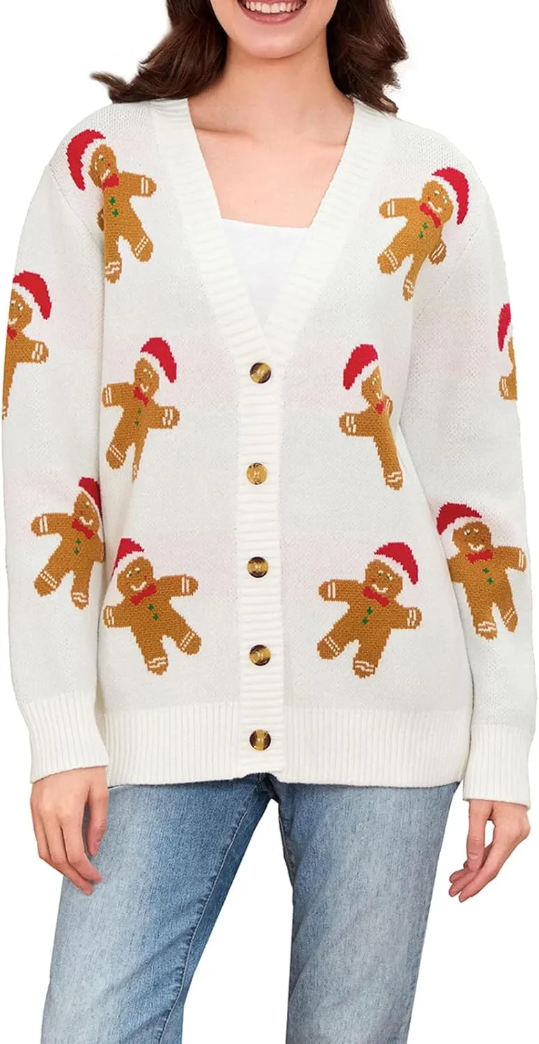 Women Christmas Cardigan Sweater Long Sleeve Button Down Open Front Crop Knit Sweater Coat Christmas Warm Outerwear