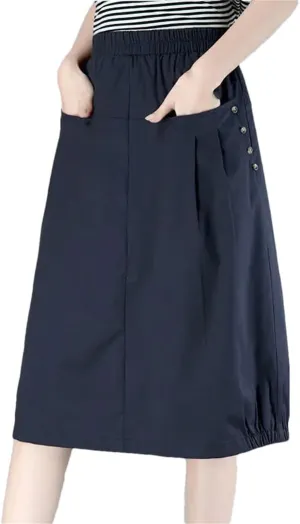 Women Cotton Spring Summer A-Line Skirt Loose Skirts Female High Waist Long with Pockets Skirt