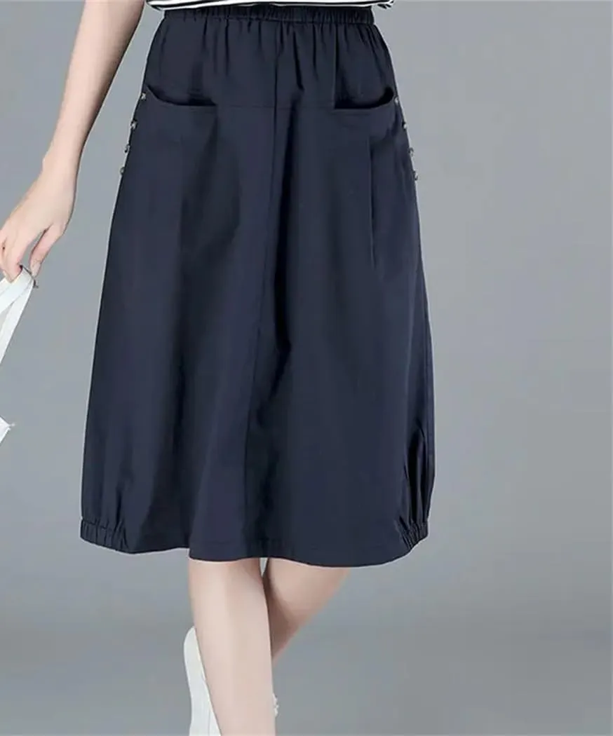 Women Cotton Spring Summer A-Line Skirt Loose Skirts Female High Waist Long with Pockets Skirt