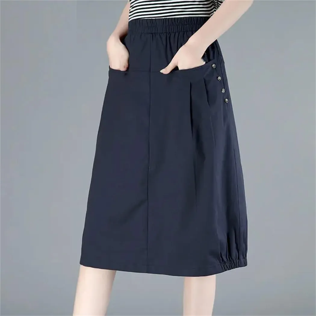Women Cotton Spring Summer A-Line Skirt Loose Skirts Female High Waist Long with Pockets Skirt