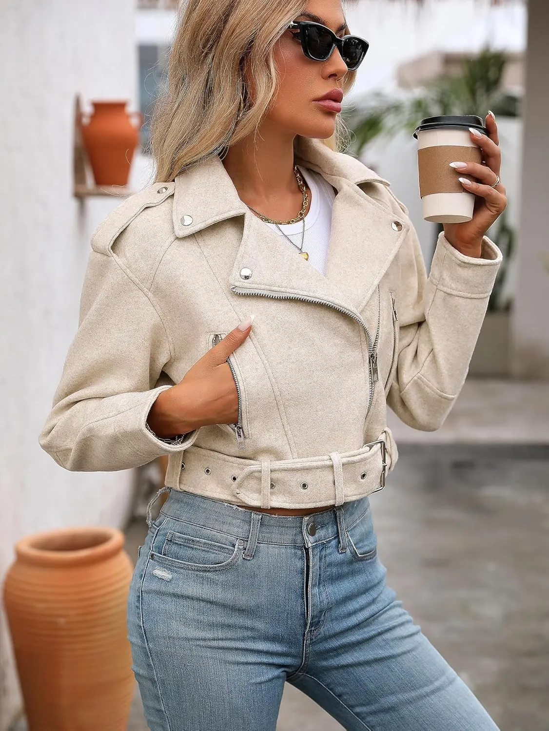 Women Cropped Woolen Coat Bomber Biker Jacket Outwear with Belt