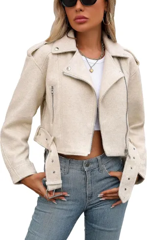 Women Cropped Woolen Coat Bomber Biker Jacket Outwear with Belt