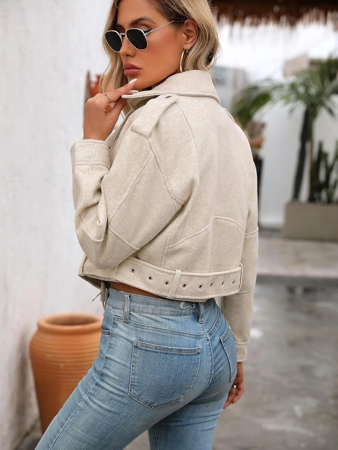 Women Cropped Woolen Coat Bomber Biker Jacket Outwear with Belt