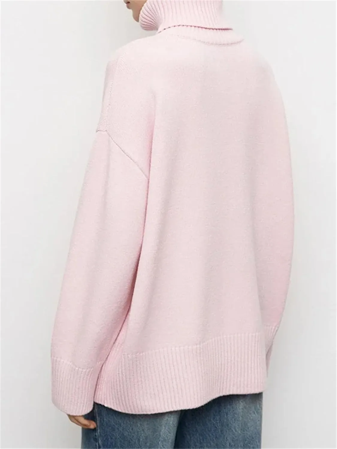 Women Elegant Solid Turtleneck Knitted Sweater Casual Long Sleeves Oversized Pullover Jumpers