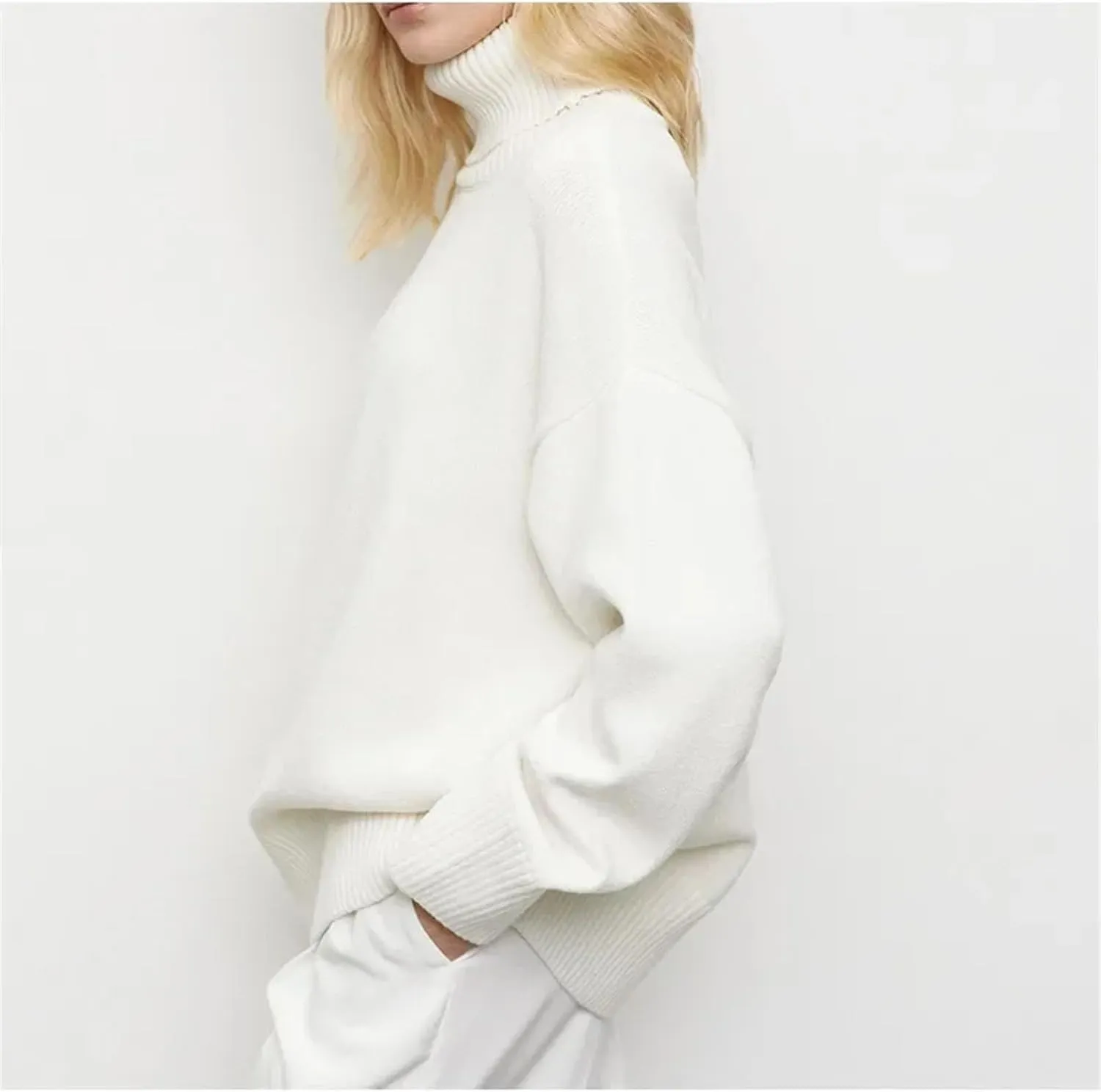 Women Elegant Solid Turtleneck Knitted Sweater Casual Long Sleeves Oversized Pullover Jumpers