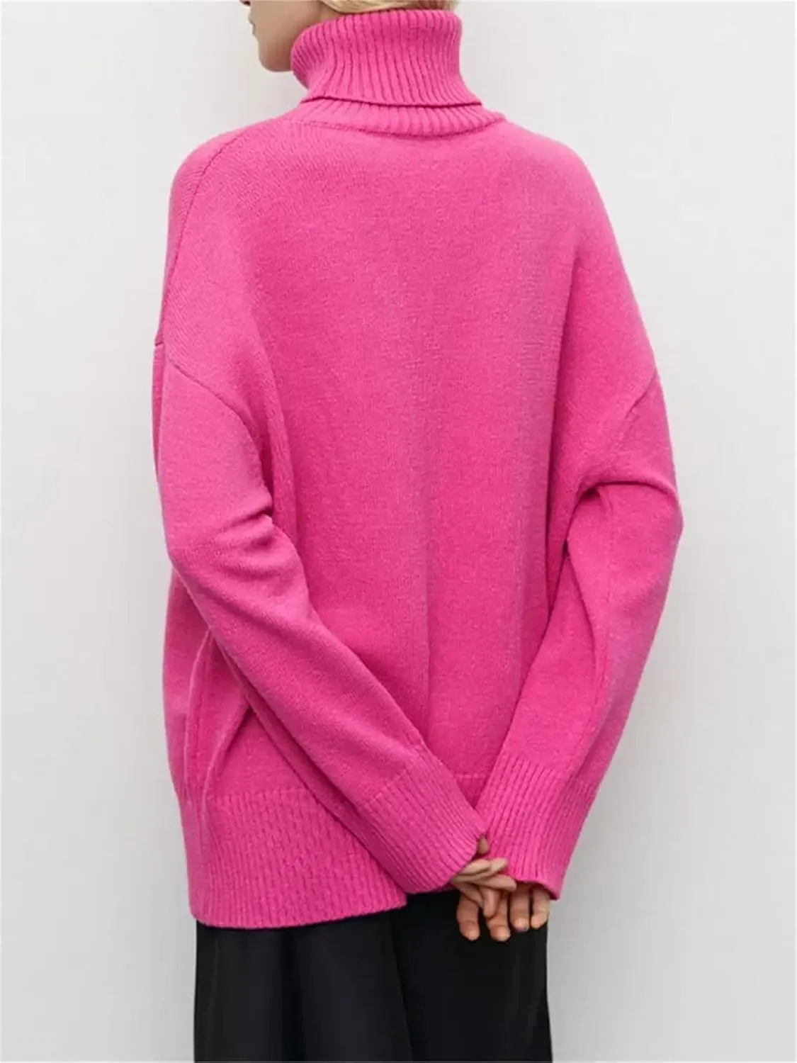 Women Elegant Solid Turtleneck Knitted Sweater Casual Long Sleeves Oversized Pullover Jumpers
