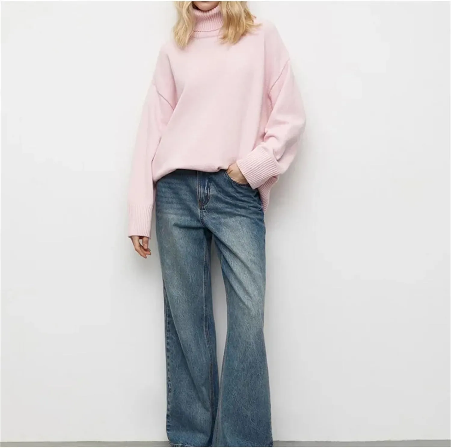 Women Elegant Solid Turtleneck Knitted Sweater Casual Long Sleeves Oversized Pullover Jumpers