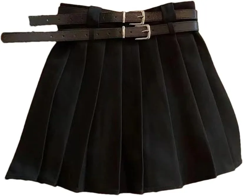 Women Fashion Double Belt High Waisted Pleated Skirt Vintage Mini Skirts