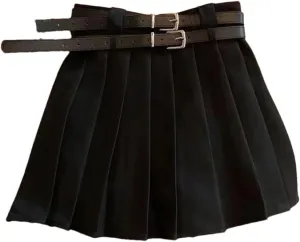 Women Fashion Double Belt High Waisted Pleated Skirt Vintage Mini Skirts