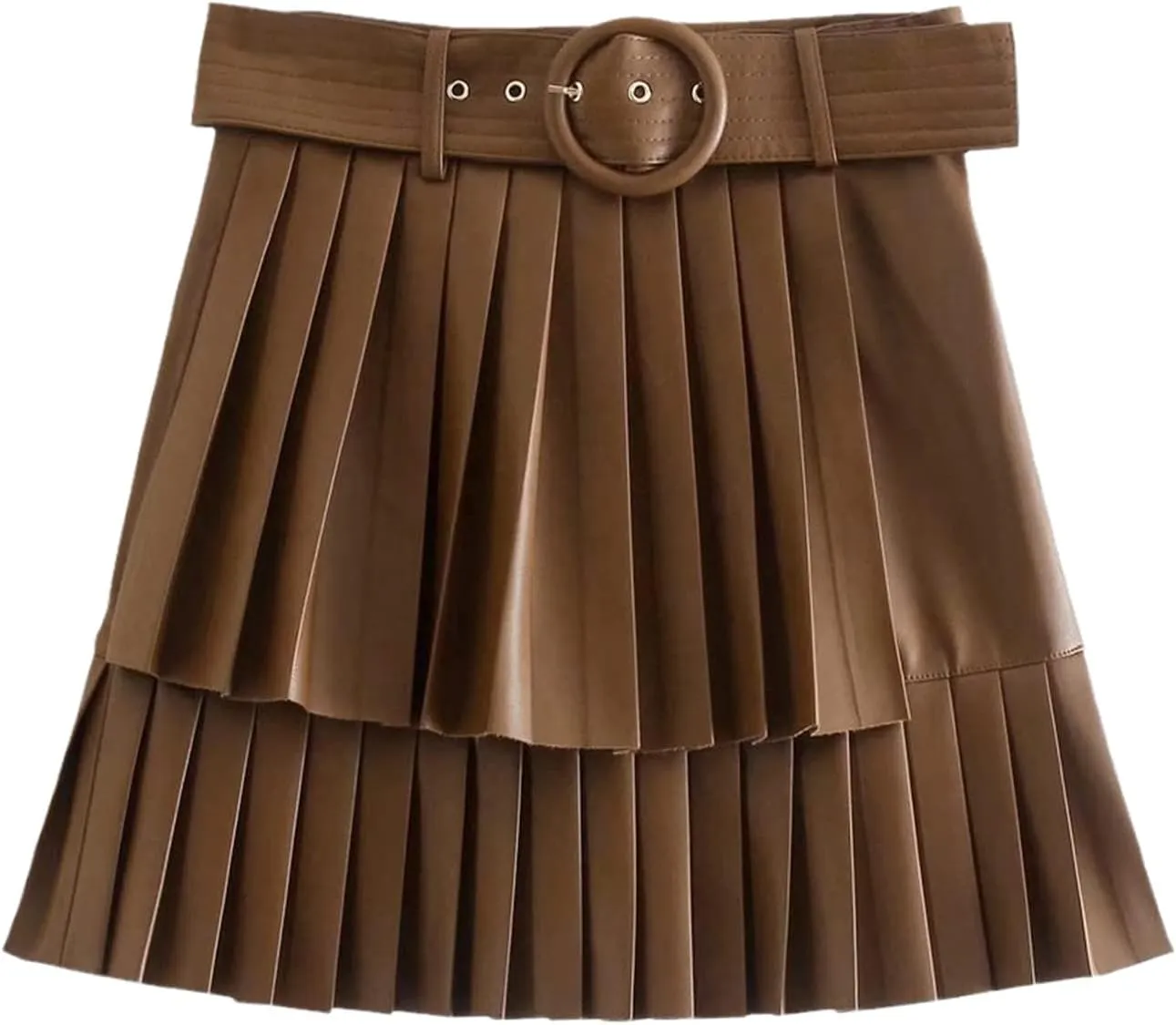Women Fashion with Belt Faux Leather Pleated Mini Skirt Vintage High Waist Side Zipper Female Skirts