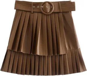 Women Fashion with Belt Faux Leather Pleated Mini Skirt Vintage High Waist Side Zipper Female Skirts