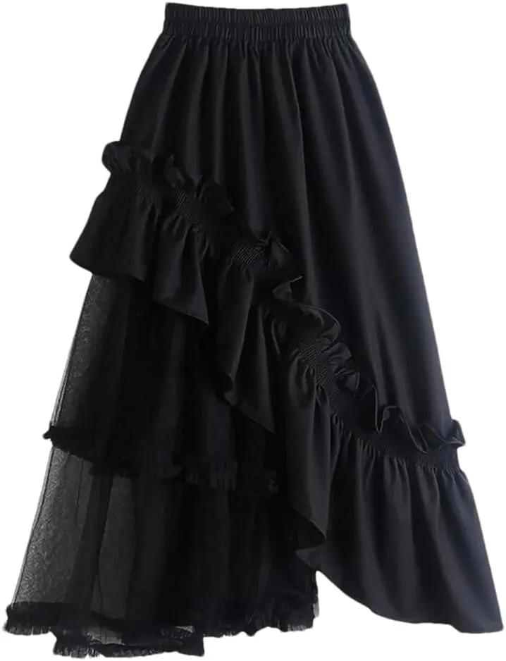 Women High Elastic Waist Ruffles Mesh Skirt A Line Half Body Irregular Hem Fashion Skirts