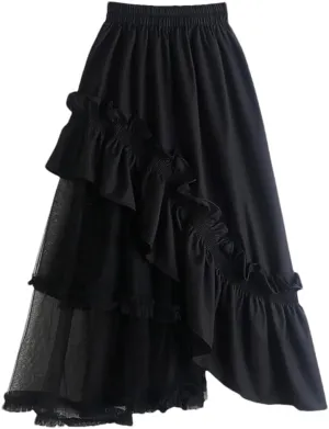 Women High Elastic Waist Ruffles Mesh Skirt A Line Half Body Irregular Hem Fashion Skirts