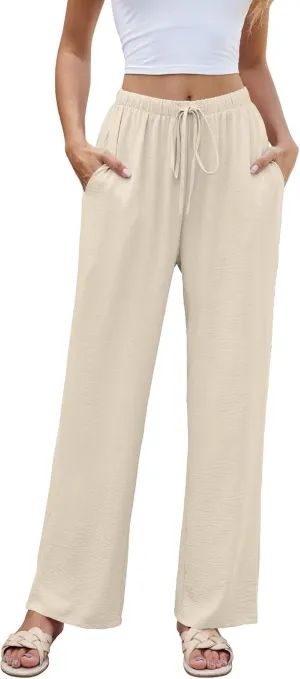 Women High Waist Casual Pants Elastic Wide Leg Summer Beach Palazzo Trousers with Pockets Lightweight Comfy