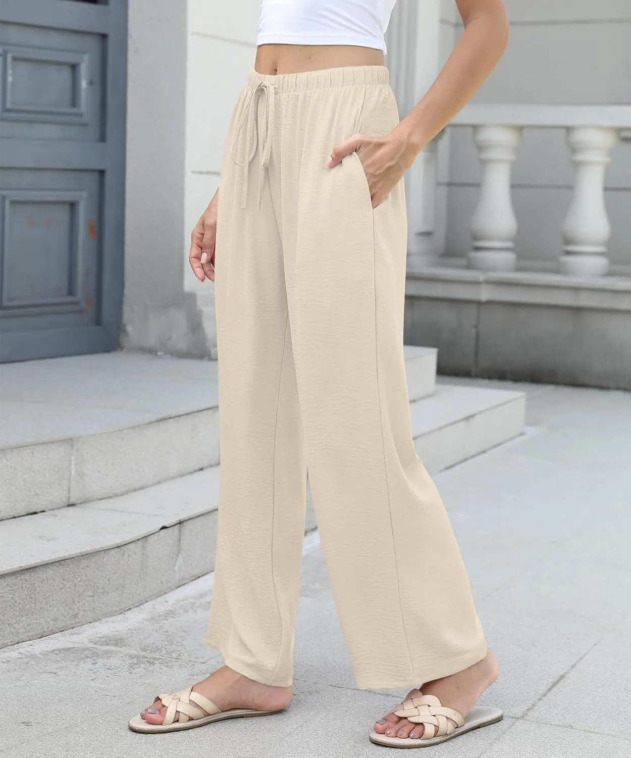 Women High Waist Casual Pants Elastic Wide Leg Summer Beach Palazzo Trousers with Pockets Lightweight Comfy