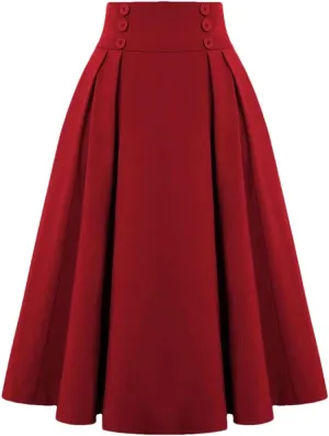 Women Knit Midi Length Button High Waist Skirt Fashion Solid Color Pleated Large Swing Skirts