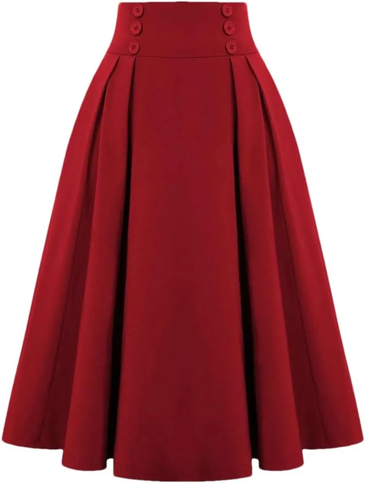 Women Knit Midi Length Button High Waist Skirt Fashion Solid Color Pleated Large Swing Skirts
