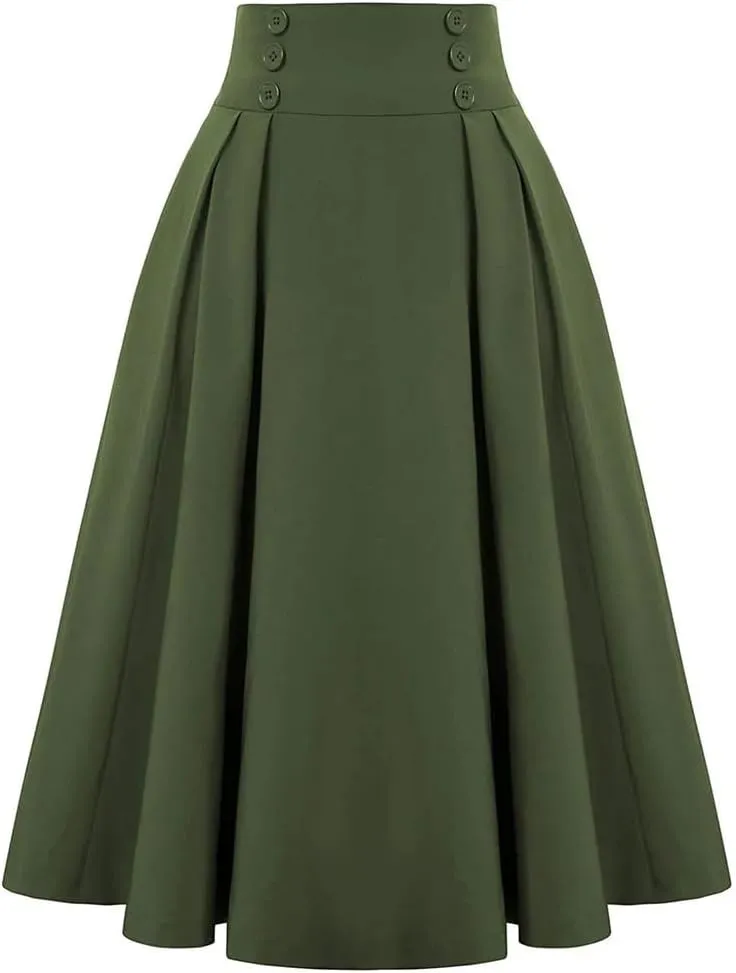 Women Knit Midi Length Button High Waist Skirt Fashion Solid Color Pleated Large Swing Skirts